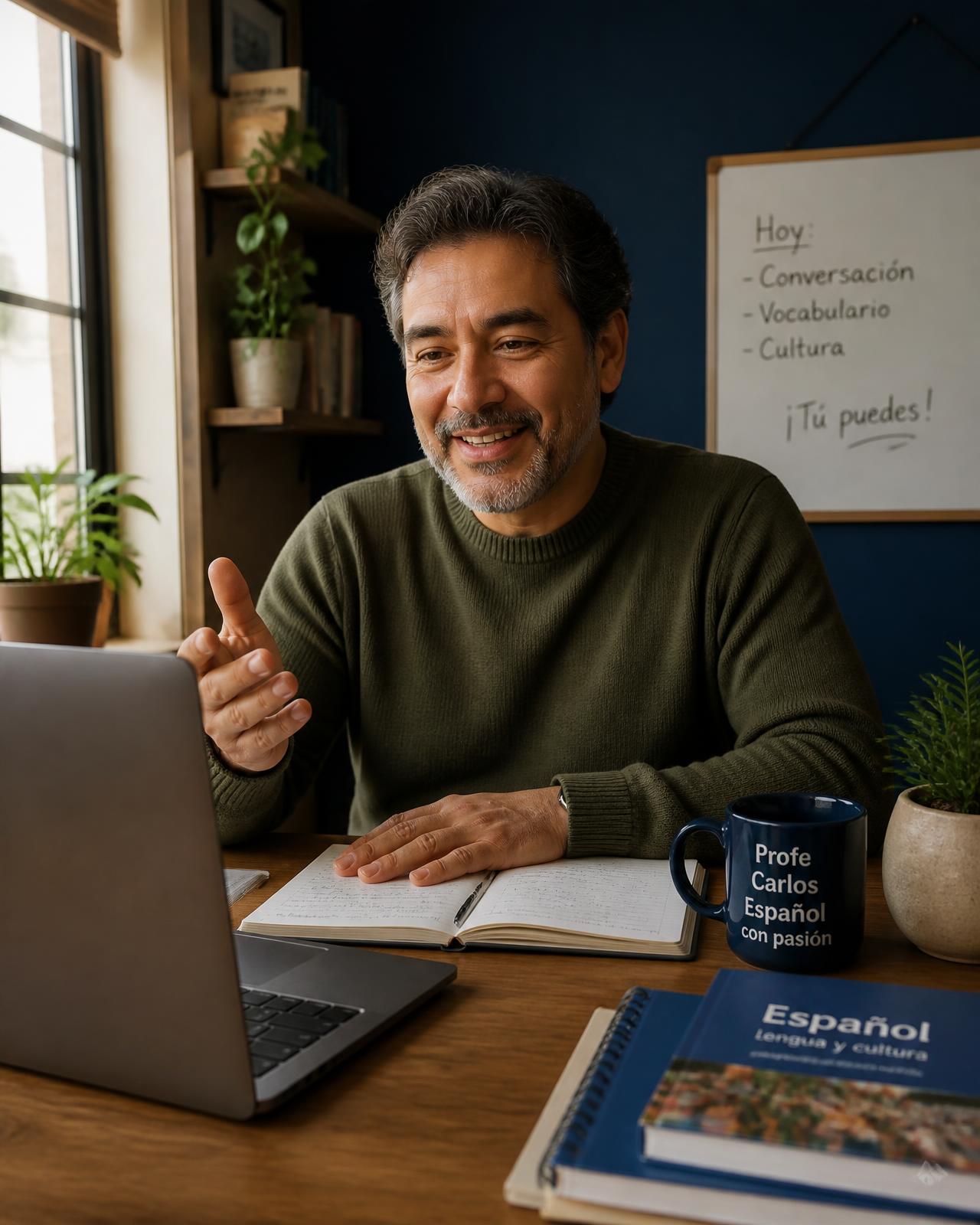Profe Migue dando una clase de español en línea desde su escritorio